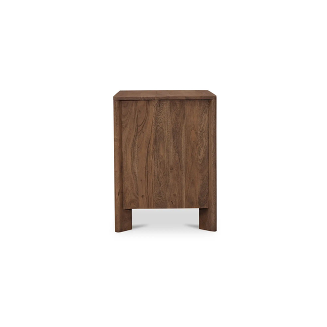 Table de chevet en bois avec deux tiroirs, dimensions indiquées, design compact pour chambre moderne.