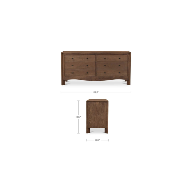 Commode en bois à six tiroirs avec poignées rondes, design élégant et grande capacité de rangement pour chambre.