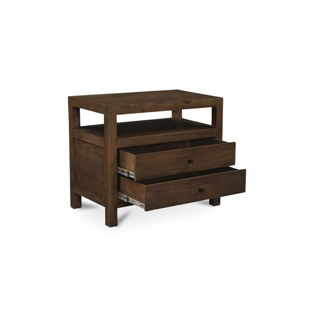 Table de chevet en bois deux tiroirs avec niche ouverte et espace de rangement, style épuré pour chambre moderne.