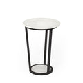 table d appoint ronde avec plateau effet marbre blanc et structure metal noire.