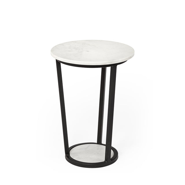 table d appoint ronde avec plateau effet marbre blanc et structure metal noire.