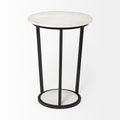 table d appoint ronde avec plateau effet marbre blanc et structure metal noire.