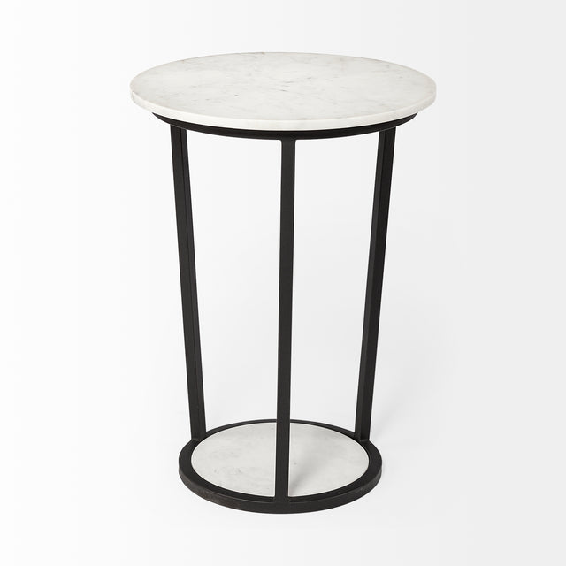 table d appoint ronde avec plateau effet marbre blanc et structure metal noire.