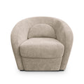 Fauteuil arrondi en tissu beige uni avec coussin, design moderne sur fond neutre.