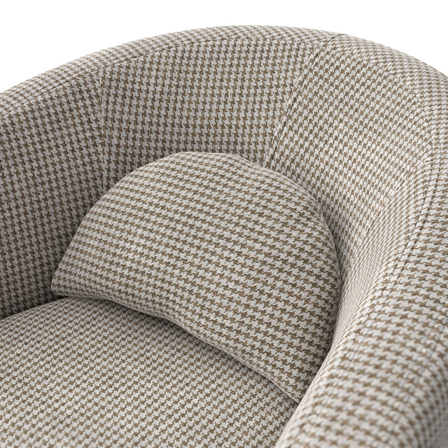 Fauteuil arrondi en tissu beige motif pied-de-poule, design contemporain sur fond neutre.