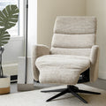 Fauteuil en tissu beige avec dossier inclinable et base pivotante, dans un salon lumineux et épuré.