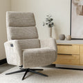 Fauteuil en tissu beige avec dossier inclinable et base pivotante, dans un salon lumineux et épuré.