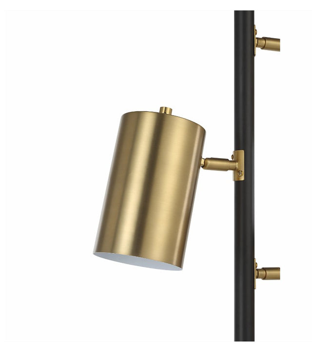 Lampe sur pied moderne noire et or a trois abat-jour cylindriques reglables.