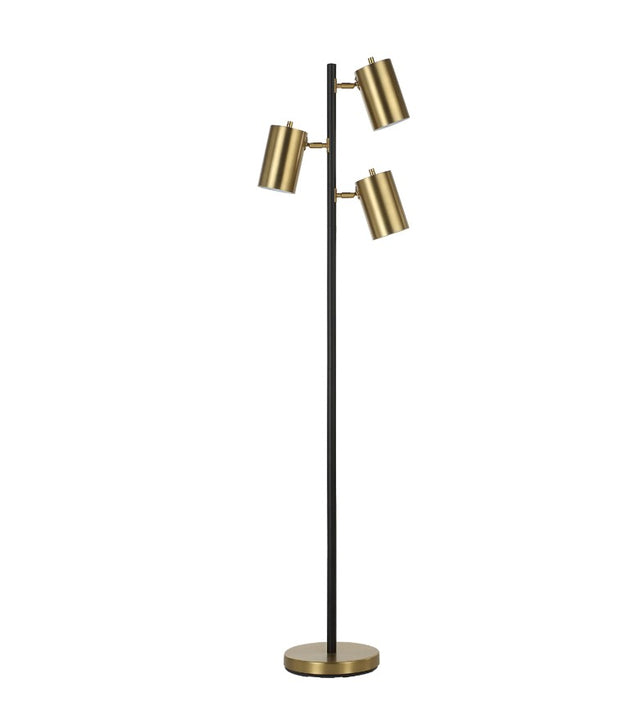 Lampe sur pied moderne noire et or a trois abat-jour cylindriques reglables.