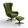 Fauteuil pivotant vert avec repose-pieds assorti, design moderne sur fond neutre pour présentation produit.