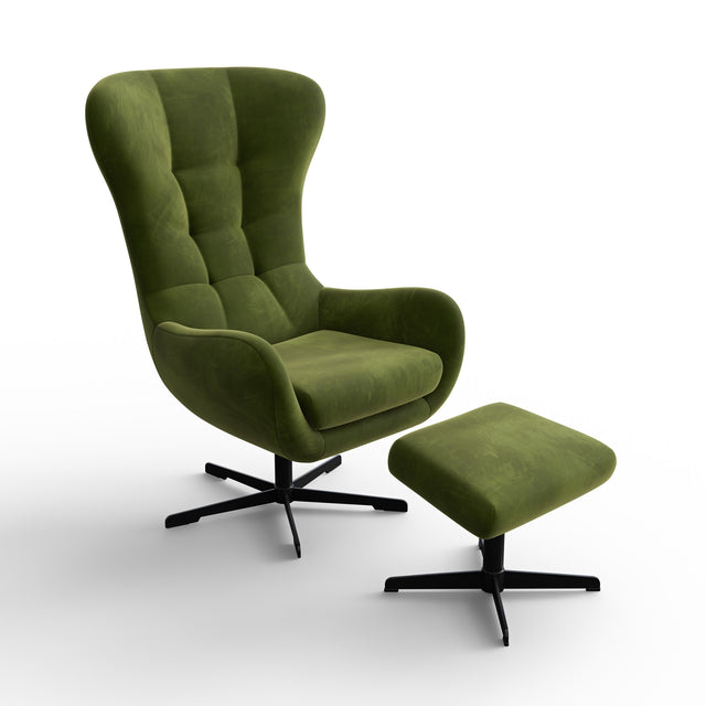 Fauteuil pivotant vert avec repose-pieds assorti, design moderne sur fond neutre pour présentation produit.