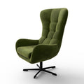 Fauteuil pivotant vert avec repose-pieds assorti, design moderne sur fond neutre pour présentation produit.