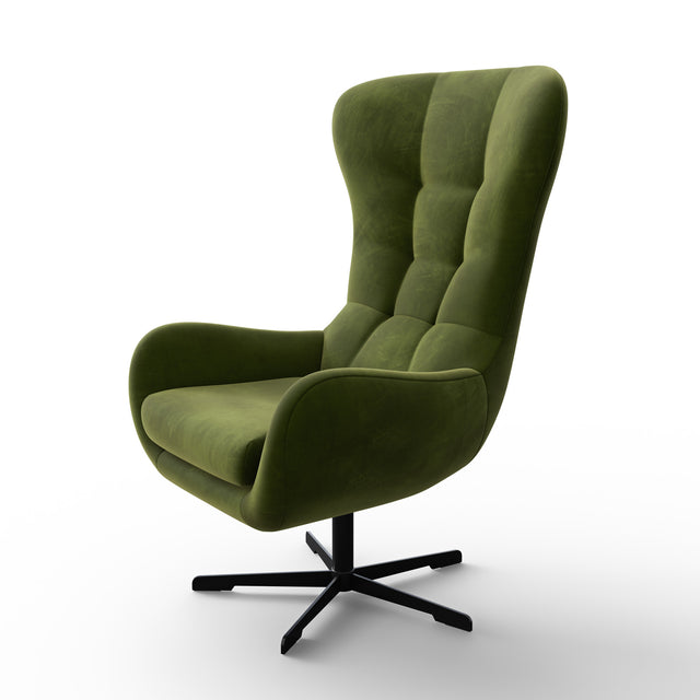 Fauteuil pivotant vert avec repose-pieds assorti, design moderne sur fond neutre pour présentation produit.