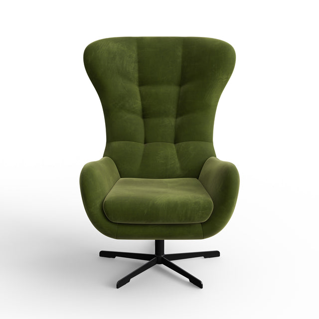 Fauteuil pivotant vert avec repose-pieds assorti, design moderne sur fond neutre pour présentation produit.