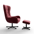 Fauteuil pivotant rouge avec repose-pieds, design moderne, dans un salon lumineux.