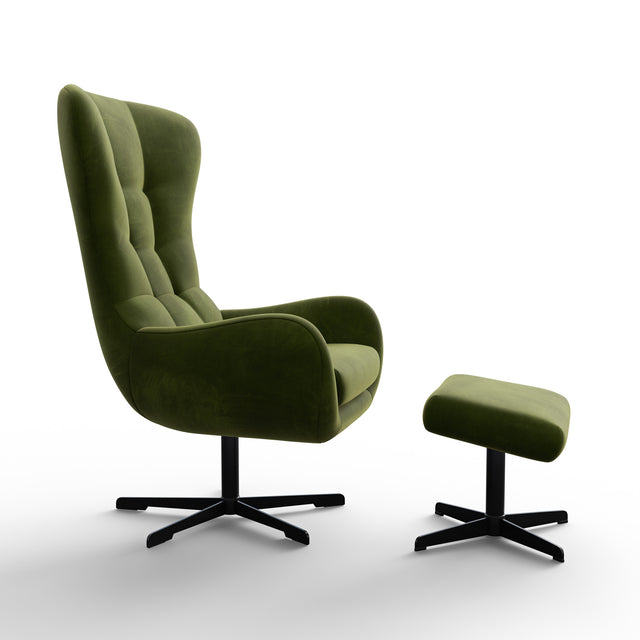 Fauteuil pivotant vert avec repose-pieds assorti, design moderne sur fond neutre pour présentation produit.