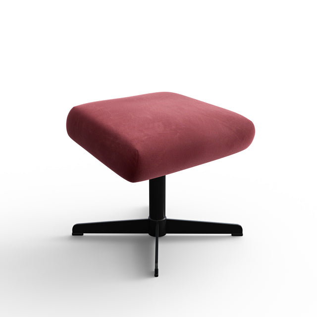 Ottoman rouge en tissu avec base pivotante noire, design moderne assorti au fauteuil.