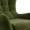 Détail du fauteuil vert en tissu, assise et dossier capitonné, design confortable et moderne.