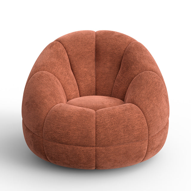 Fauteuil design arrondi terracotta en tissu, sur fond neutre.
