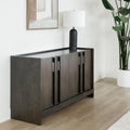 Buffet de rangement en bois foncé à quatre portes, design contemporain avec poignées intégrées et lignes épurées.