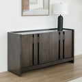 Buffet de rangement en bois foncé à quatre portes, design contemporain avec poignées intégrées et lignes épurées.