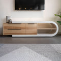 Meuble TV moderne en bois clair avec structure en béton blanc, rangements fermés et etagere ouverte, ideal pour salon contemporain.