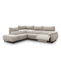 sofa modulaire en tissu sable fin, inclinable, au design contemporain sur fond blanc.