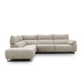 sofa modulaire en tissu sable fin, au design contemporain sur fond blanc.