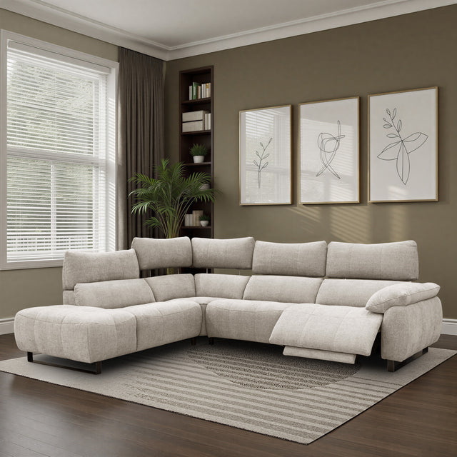 sofa modulaire en tissu sable fin, inclinable, au design contemporain installé dans un salon élégant et harmonieux. 