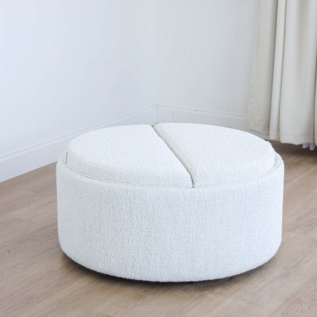 Ottoman West avec rangement en tissu bouclé ivoire et bois teinture noyer