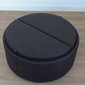 Ottoman avec plateau amovible en bois noir et base rembourrée, idéale pour salon moderne et fonctionnel.
