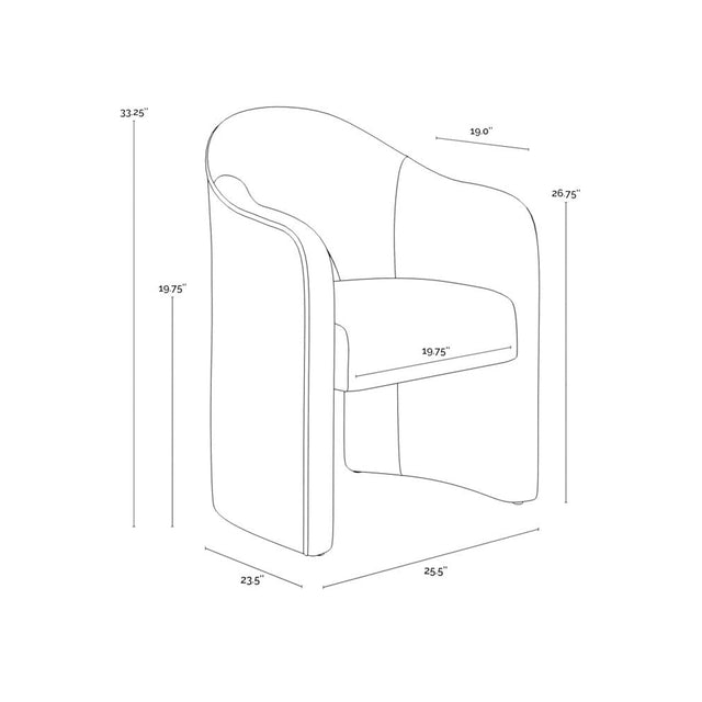 schema technique d’une chaise moderne avec dimensions indiquees : 33.25” de hauteur totale, 26.75” de hauteur d’accoudoir, 19.75” de hauteur d’assise, 25.5” de profondeur et 23.5” de largeur.
