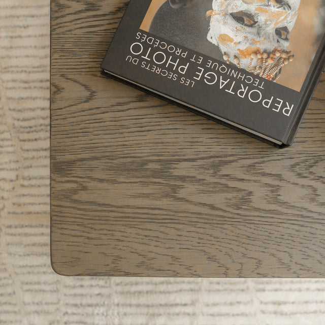 Image rapprochée d'une table basse en bois style minimaliste devant canape beige avec livres et deco moderne.