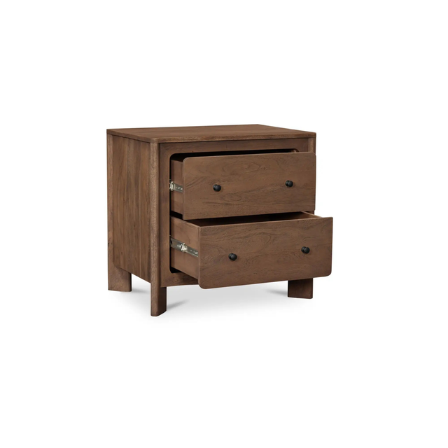 Table de chevet en bois avec deux tiroirs, dimensions indiquées, design compact pour chambre moderne.