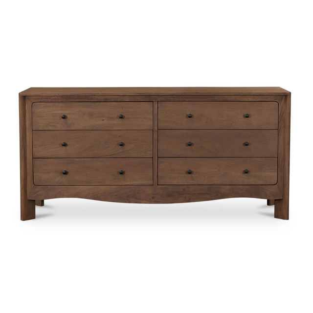 Commode en bois à six tiroirs avec poignées rondes, design élégant et grande capacité de rangement pour chambre.
