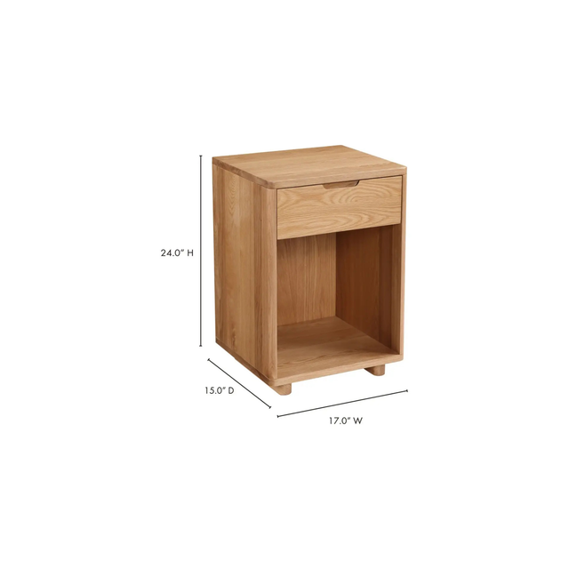 Table de chevet en bois avec tiroir et niche ouverte, design compact et naturel pour chambre moderne.