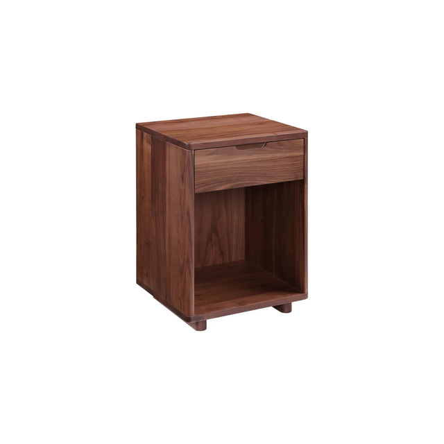 Table de chevet en bois avec tiroir et niche ouverte, design compact et naturel pour chambre moderne.