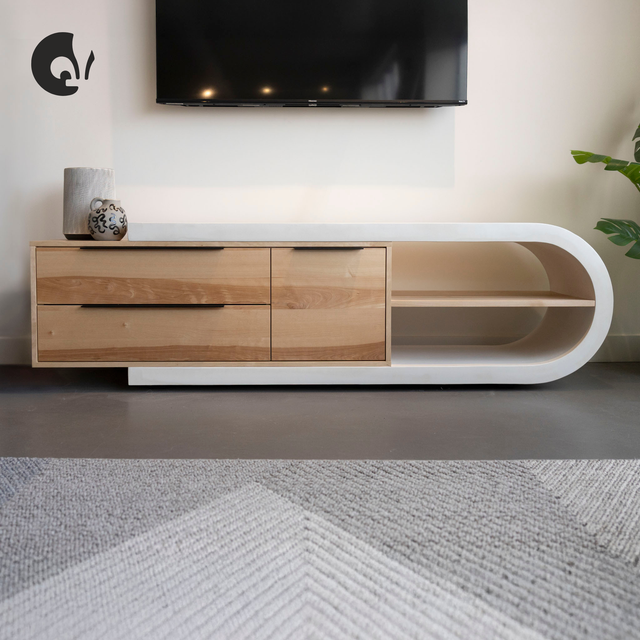 Meuble télé rond en bois et béton - Buxton