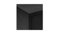 Table de chevet noire moderne à deux tiroirs, design minimaliste avec pieds cylindriques, idéale pour chambre contemporaine.