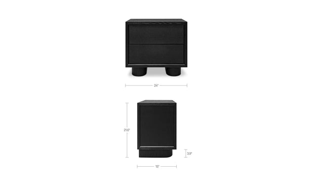 Table de chevet noire moderne à deux tiroirs, design minimaliste avec pieds cylindriques, idéale pour chambre contemporaine.