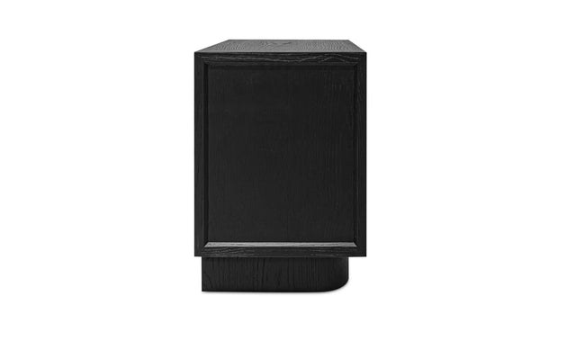 Table de chevet noire moderne à deux tiroirs, design minimaliste avec pieds cylindriques, idéale pour chambre contemporaine.