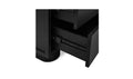 Table de chevet noire moderne à deux tiroirs, design minimaliste avec pieds cylindriques, idéale pour chambre contemporaine.