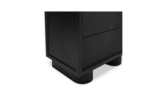 Table de chevet noire moderne à deux tiroirs, design minimaliste avec pieds cylindriques, idéale pour chambre contemporaine.